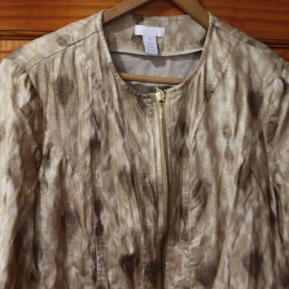 Chicos Metallic Gold Shimmery Linen Blend Blazer Jacket Zip Up Pockets  1 - Picture 2 of 16
